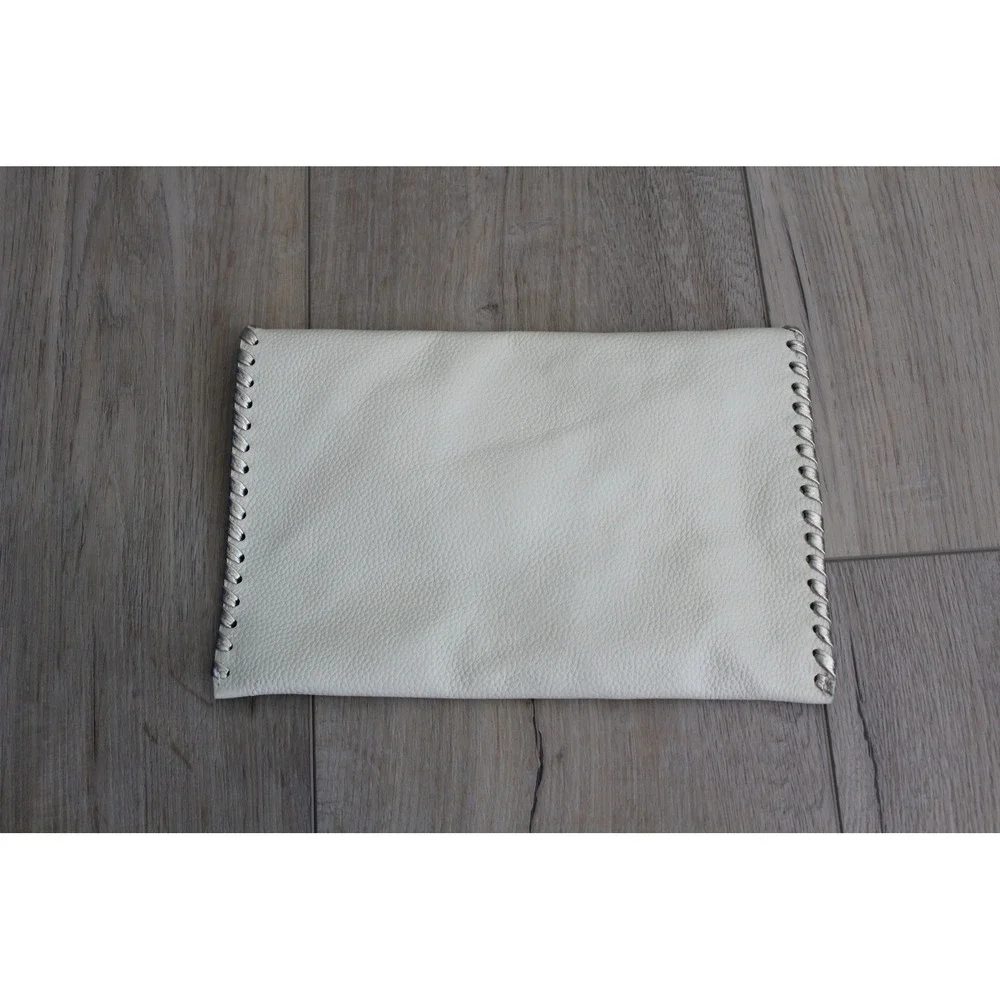 Laggo Cream Pebbled Leather Envelope Clutch Metallic Whipstitch‎ Detail Bag